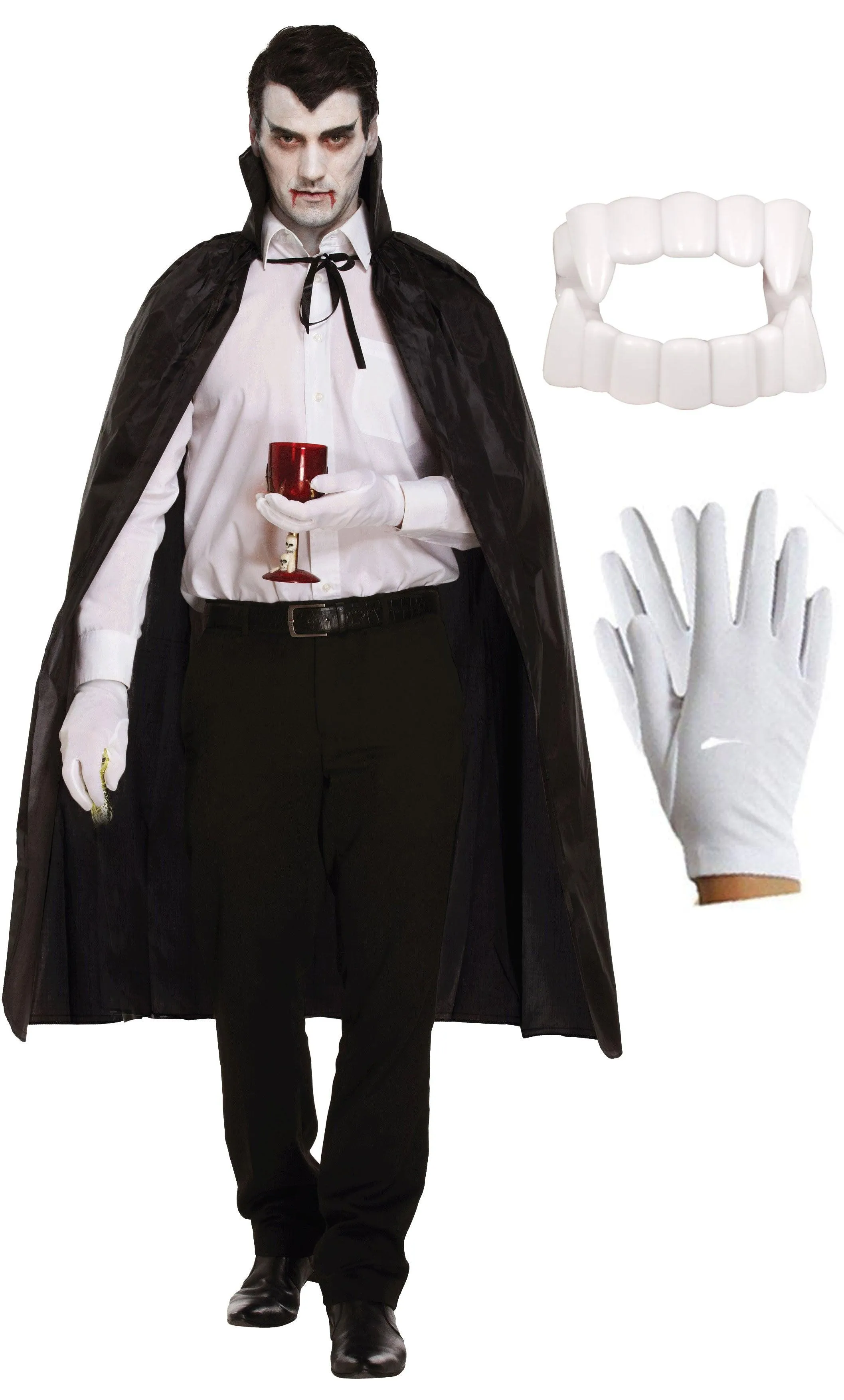 Adults black Long Cape White Fanged Teeth Short Gloves Halloween Classic Vampire Fancy Dress Costume