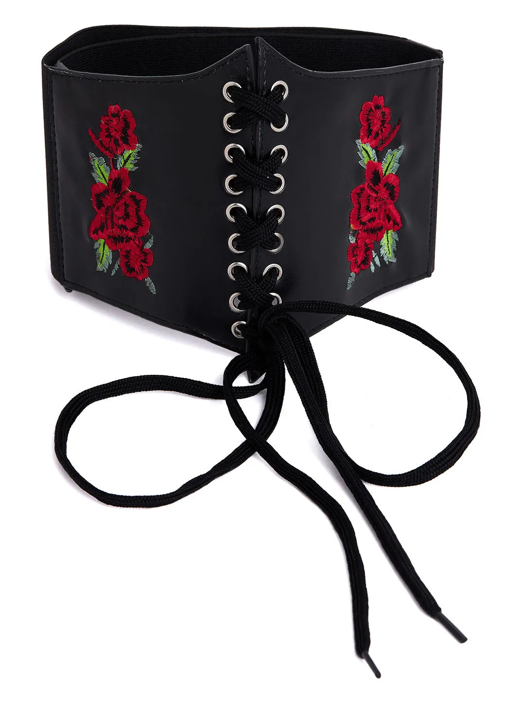 Berrylush Women Black Floral Embellished Pattern Synthetic Leather Snap-Button Casual Wide Belt