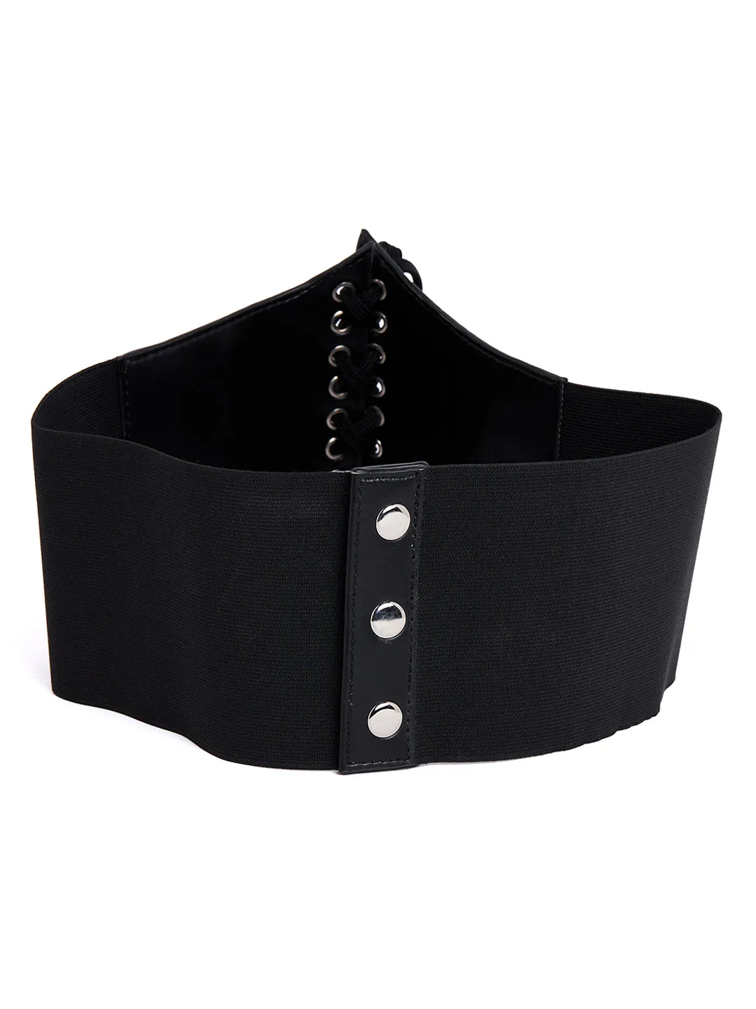 Berrylush Women Black Floral Embellished Pattern Synthetic Leather Snap-Button Casual Wide Belt