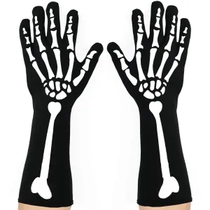 Bone Hand Skeleton Gloves - Skeleton Accessories Stretch Elbow Gloves for Adults and Kids Black