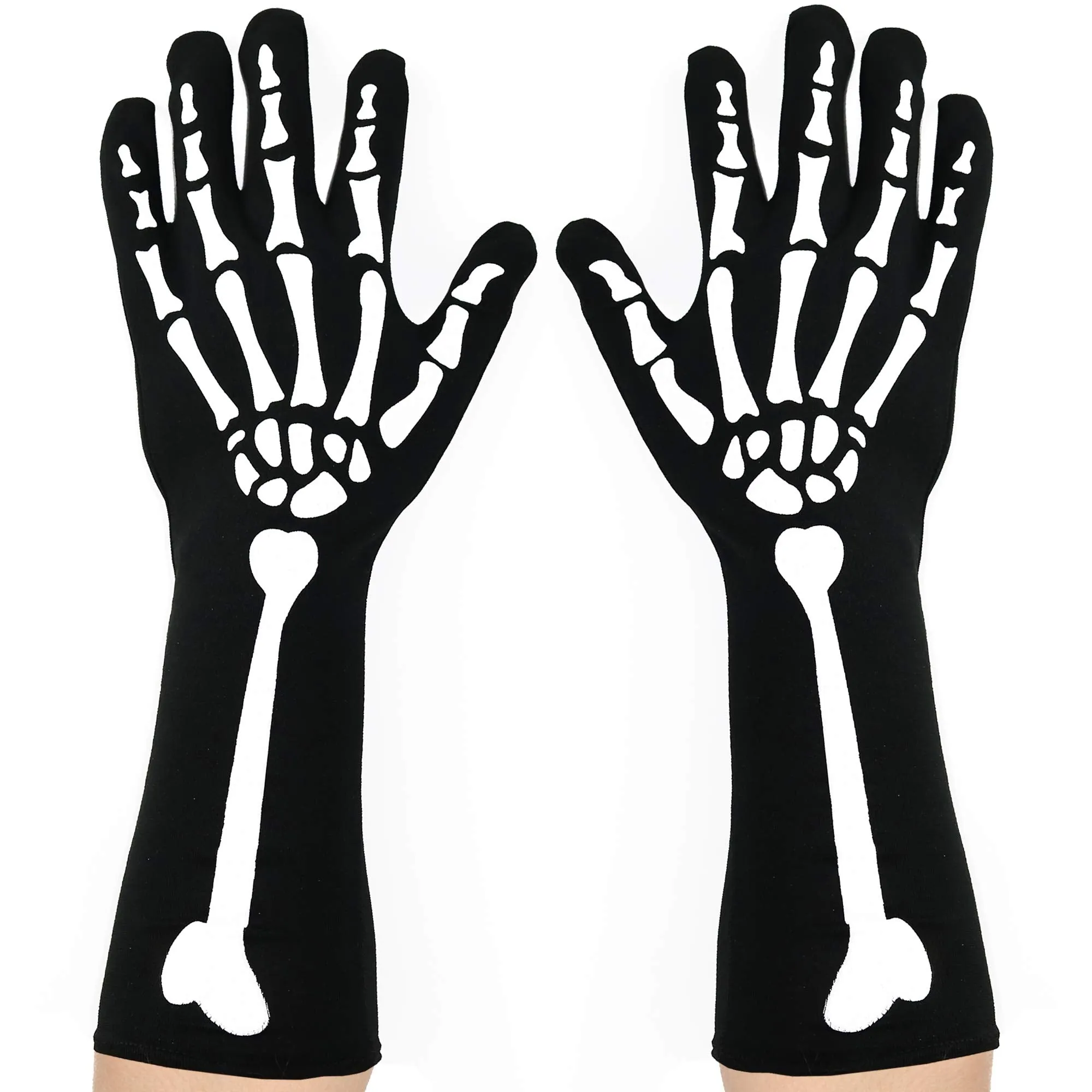 Bone Hand Skeleton Gloves - Skeleton Accessories Stretch Elbow Gloves for Adults and Kids Black