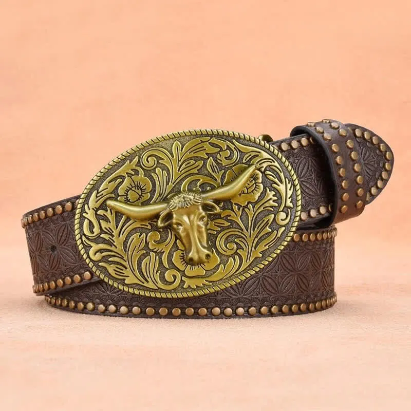 Men's Bull Head Rivet Embossed Leather Belt