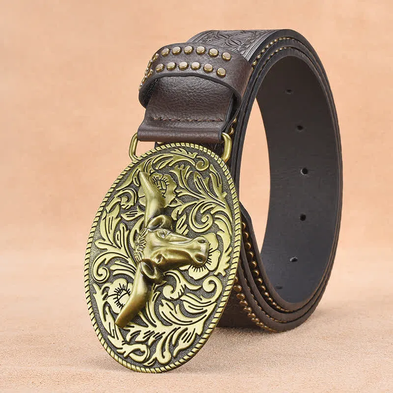 Men's Bull Head Rivet Embossed Leather Belt