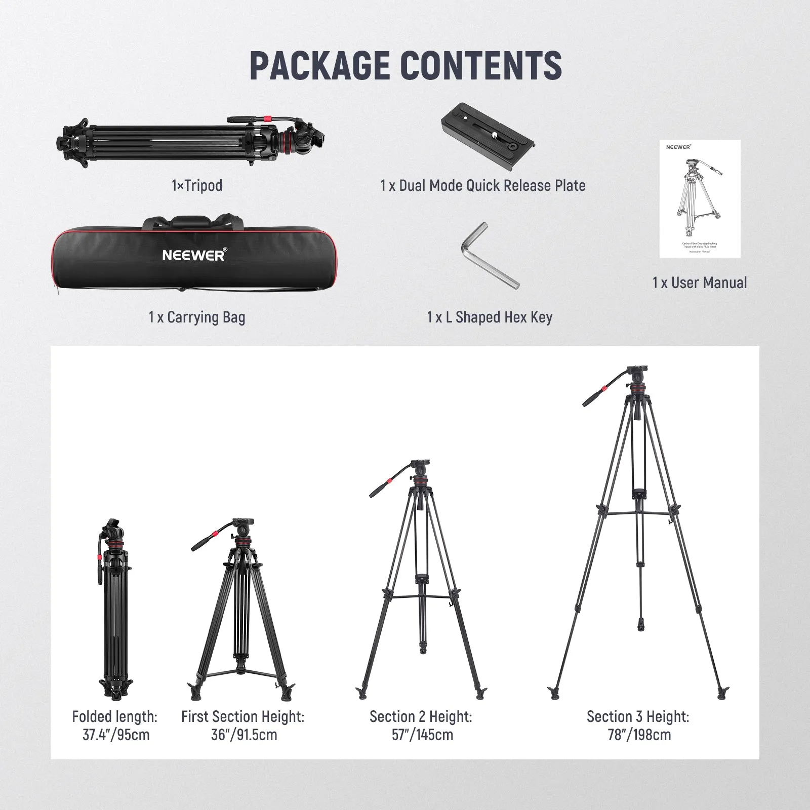 NEEWER LL35 78" Pro Video Camera Carbon Fiber Tripod