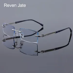 Reven Jate 58130 Pure Titanium Rimless Diamond Cutting Man Glasses Frame Eyeglasses (Black)