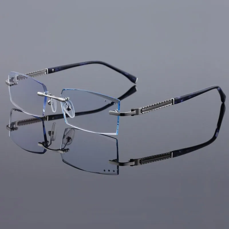 Reven Jate 58130 Pure Titanium Rimless Diamond Cutting Man Glasses Frame Eyeglasses (Black)