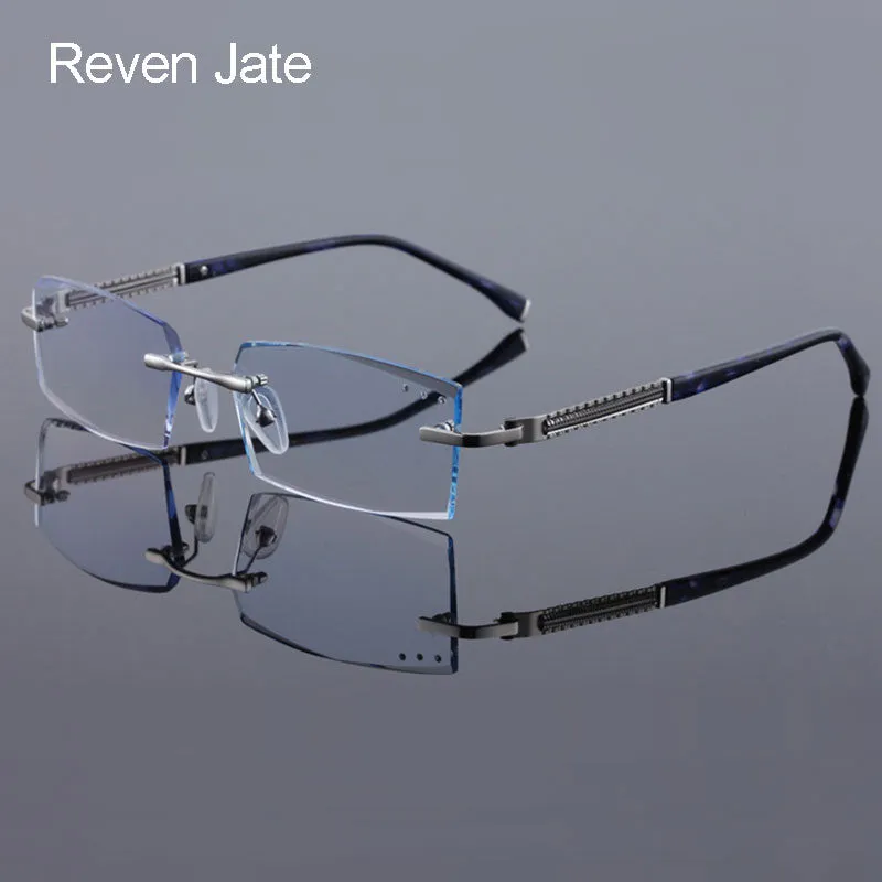 Reven Jate 58130 Pure Titanium Rimless Diamond Cutting Man Glasses Frame Eyeglasses (Black)